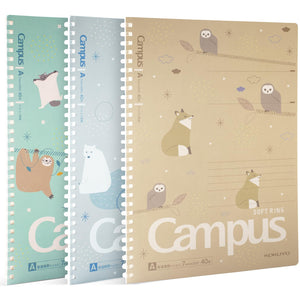 KOKUYO Spiral Notebook Journal, 3 Pack Campus B5 Soft Ring Notebooks with Dotted A 7mm Rule, 40 Sheets, Cute Animal 1 Subject Notebook in Blue Yellow Green, College Office Note Taking. Japan Import