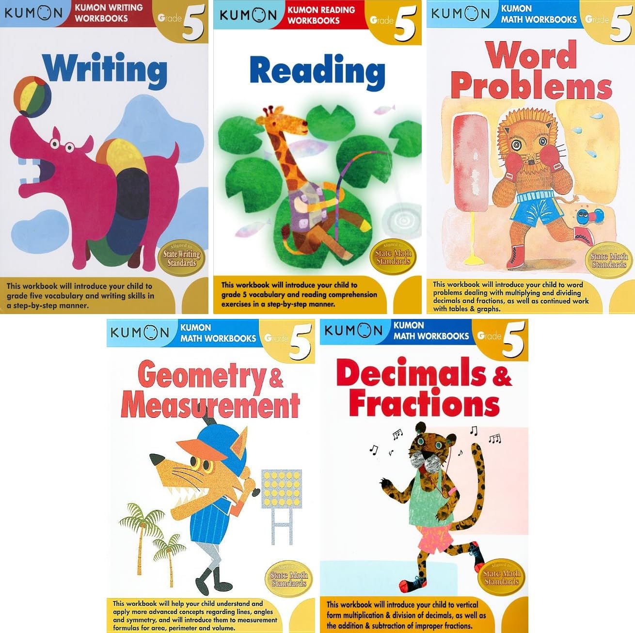 Kumon Grade 5 Complete Workbook Set (5 Workbooks) – Decimals & Fractions, Geometry & Measurement, Word Problems, Reading & Writing