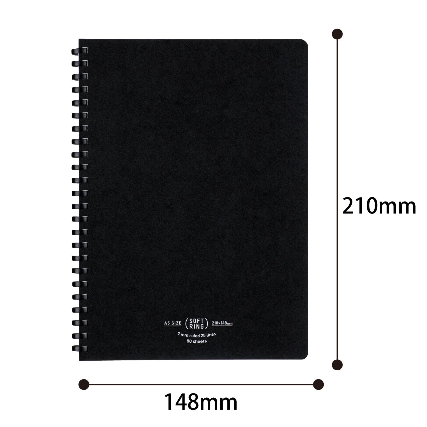KOKUYO Spiral Lined Notebook, 8.3'' x 5.8'' Business Journal A5 Soft Ring Notebooks with 7 mm Ruled, 80 Perforated Sheets, Black 1 Subject Notebook, Note Taking for Work. Japan Import (SU-SV638A-D)