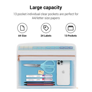 Mukawa 13 Pocket Zippered Expanding File, Zippered Accordion File Organizer, Accordion Folder with Zipper for Documents Letter Size A4 Papers (Blue)
