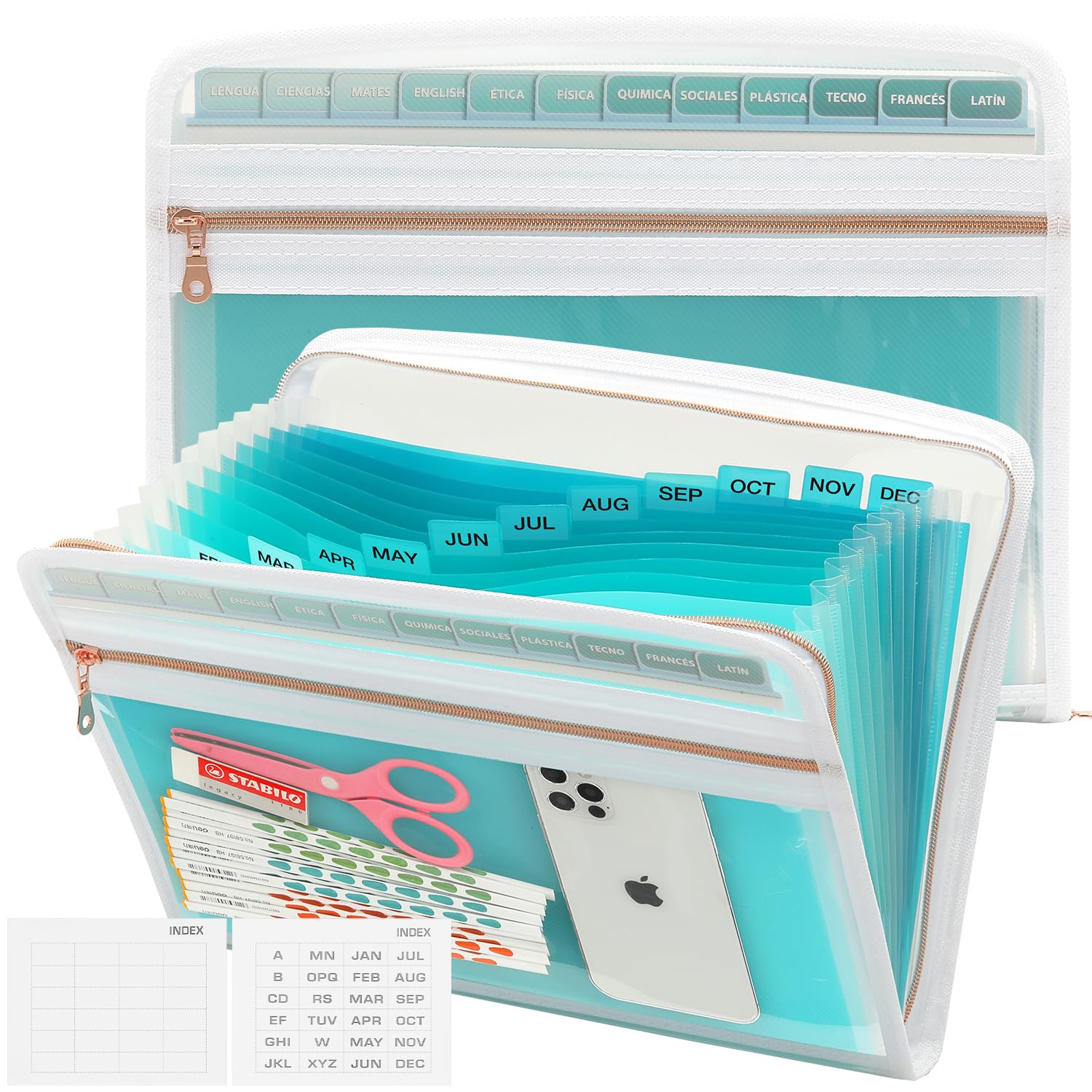 Mukawa 13 Pocket Expanding File Folder, Zipper Accordion File Folder, Expandable Folder with Customized Labels, Document Organizer for School Kids, Office Paper Organizer, Letter Size (Green)