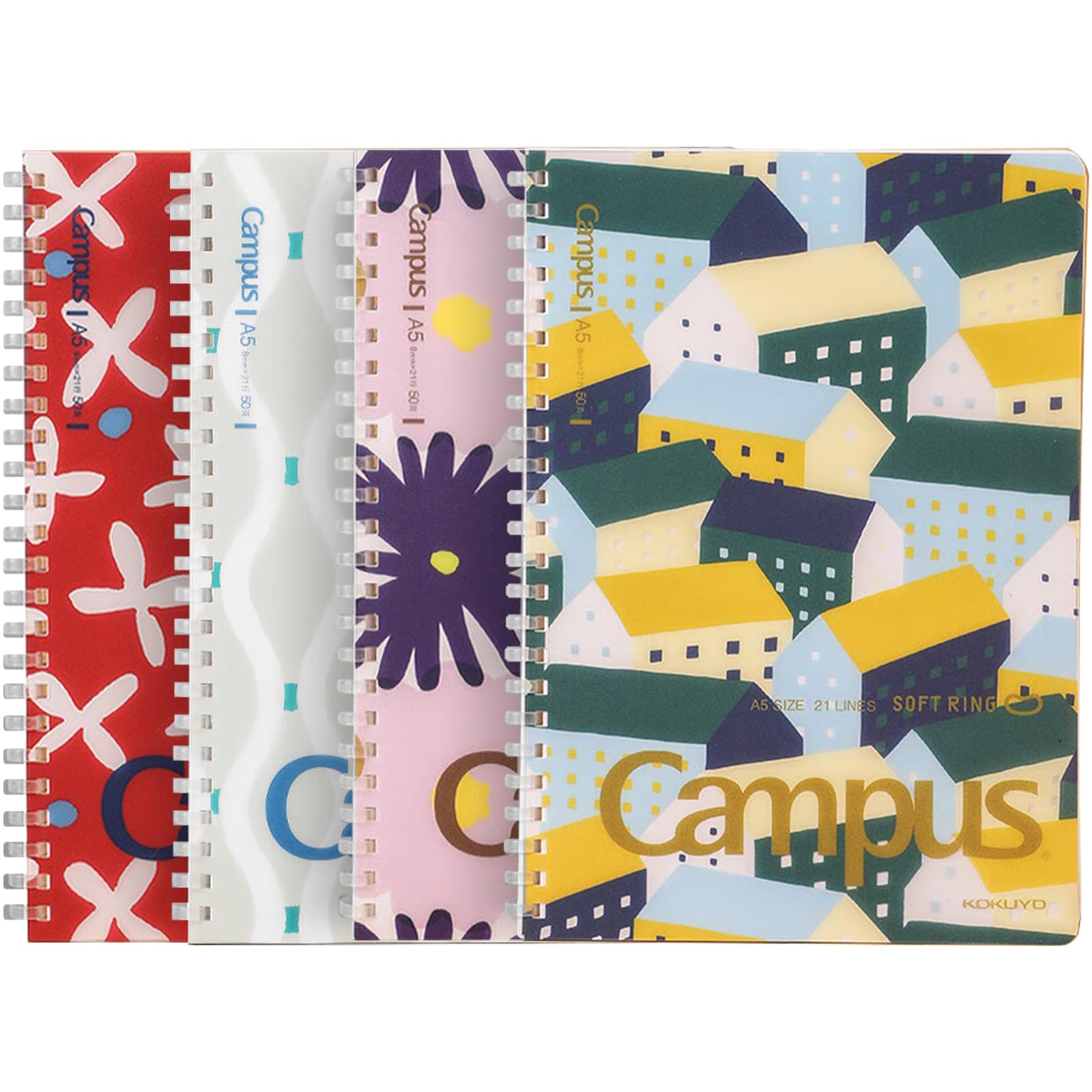 KOKUYO Spiral Lined Notebook, 4 Pack 8.3'' x 5.8'' SOU SOU Journal A5 Soft Ring Notebooks with 8mm Dot Ruled, 50 Sheets, 1 Subject Notebook for School and Note Taking