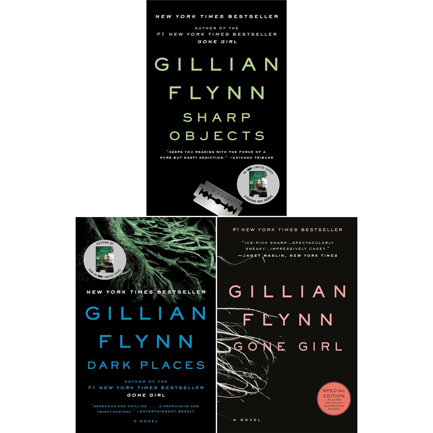 Gillian Flynn 3-Book Thriller Collection, Sharp Objects, Dark Places, Gone Girl