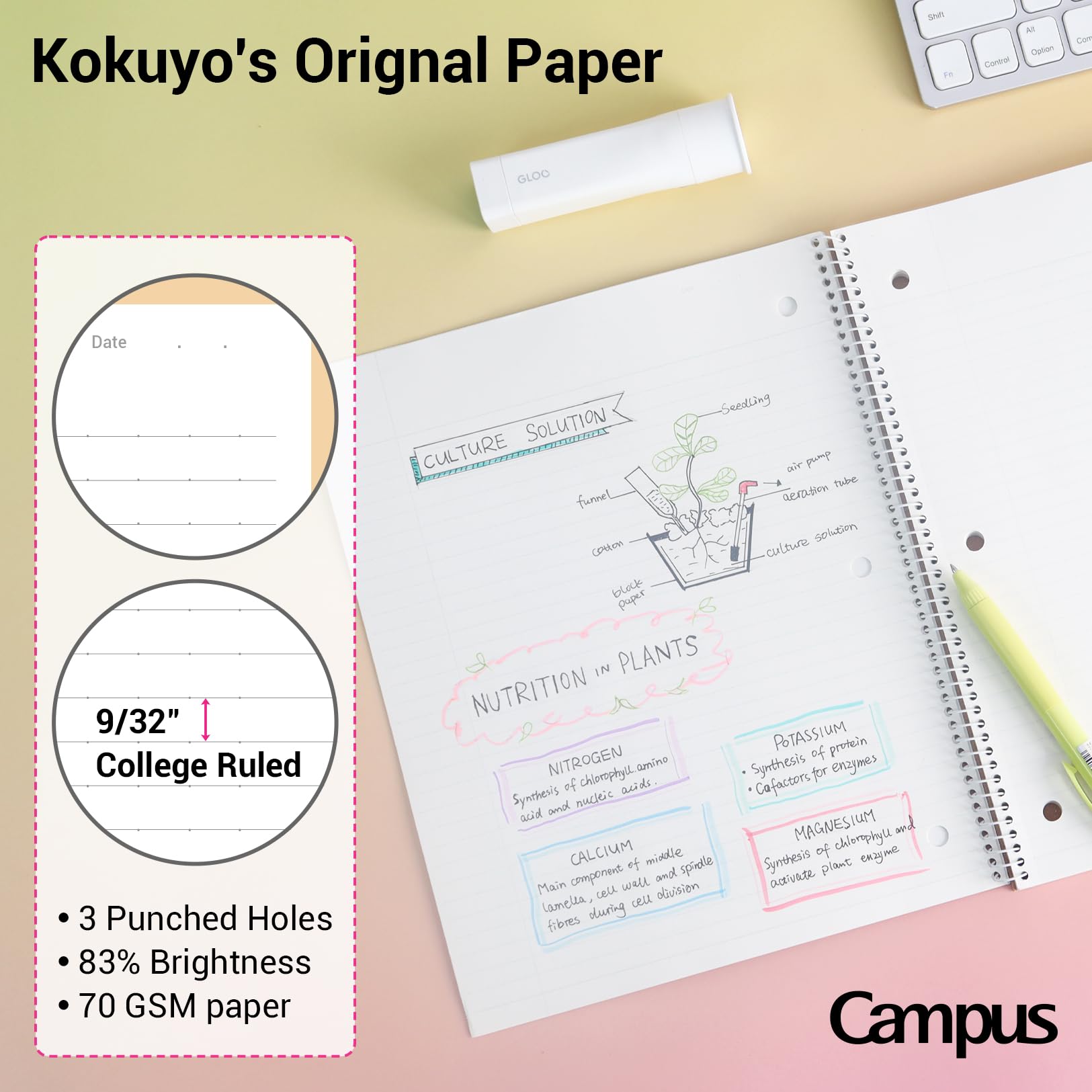 KOKUYO Spiral Notebook, 3 Pack Campus 10-1/2" x 8" Subject Notebooks with College Ruled, 80 Sheets, 3 Holes School Spiral Journal for Work Study Note Taking (Yellow, Orange, Purple)