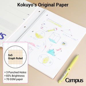 KOKUYO Spiral Notebook with 5x5 Graph Paper, 3 Pack Campus 10-1/2" x 8" Subject Notebooks, 80 Sheets, Light Pink Blue Off-White 3 Holes School Spiral Journal for Study Planner Drawing (WSG-SU-400G4×3)