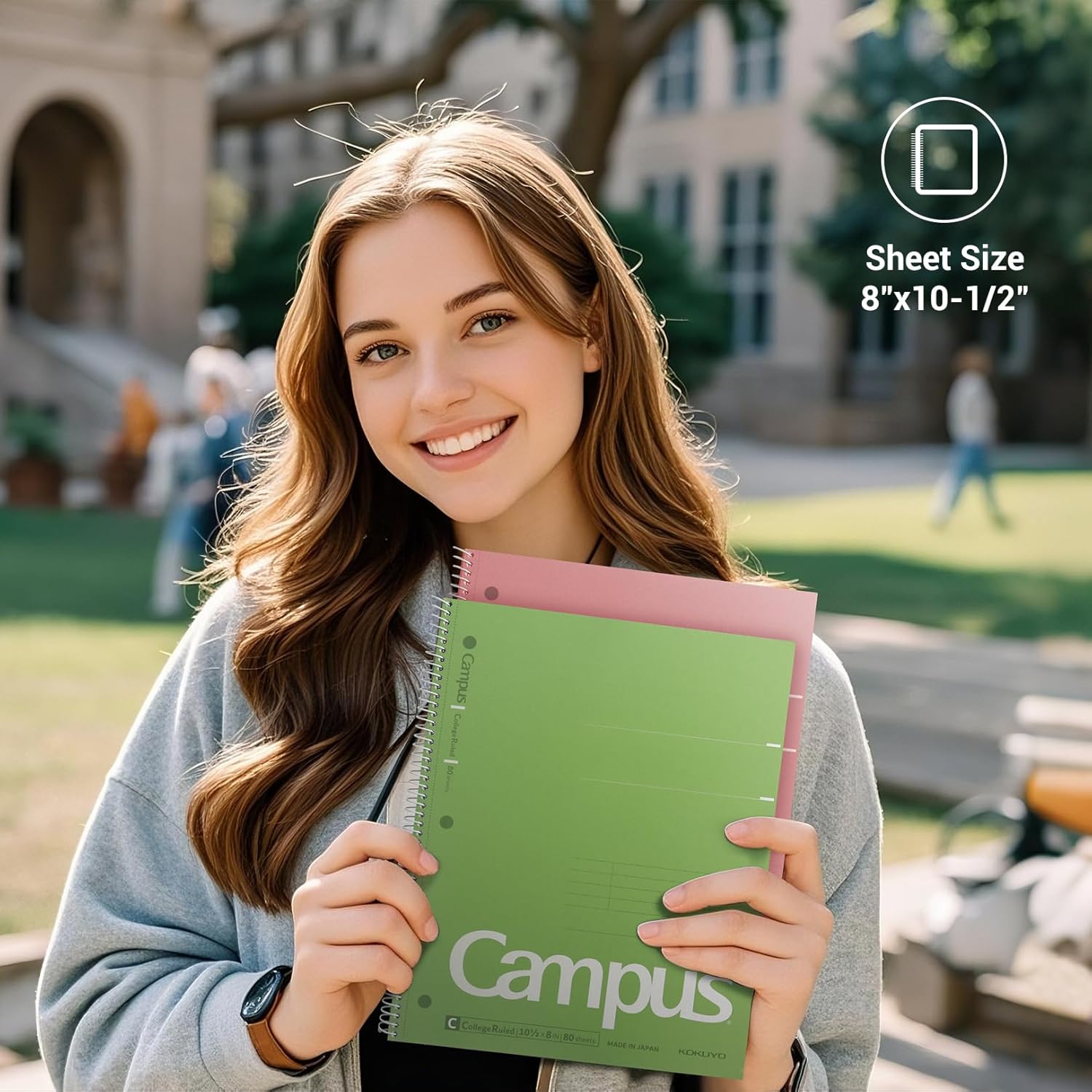 KOKUYO Spiral Notebook, 3 Pack Campus 10-1/2" x 8" Subject Notebooks with College Ruled, 80 Sheets, Pink Blue Green 3 Holes School Spiral Journal for Work Study Note Taking (WSG-SU-400G1×3)