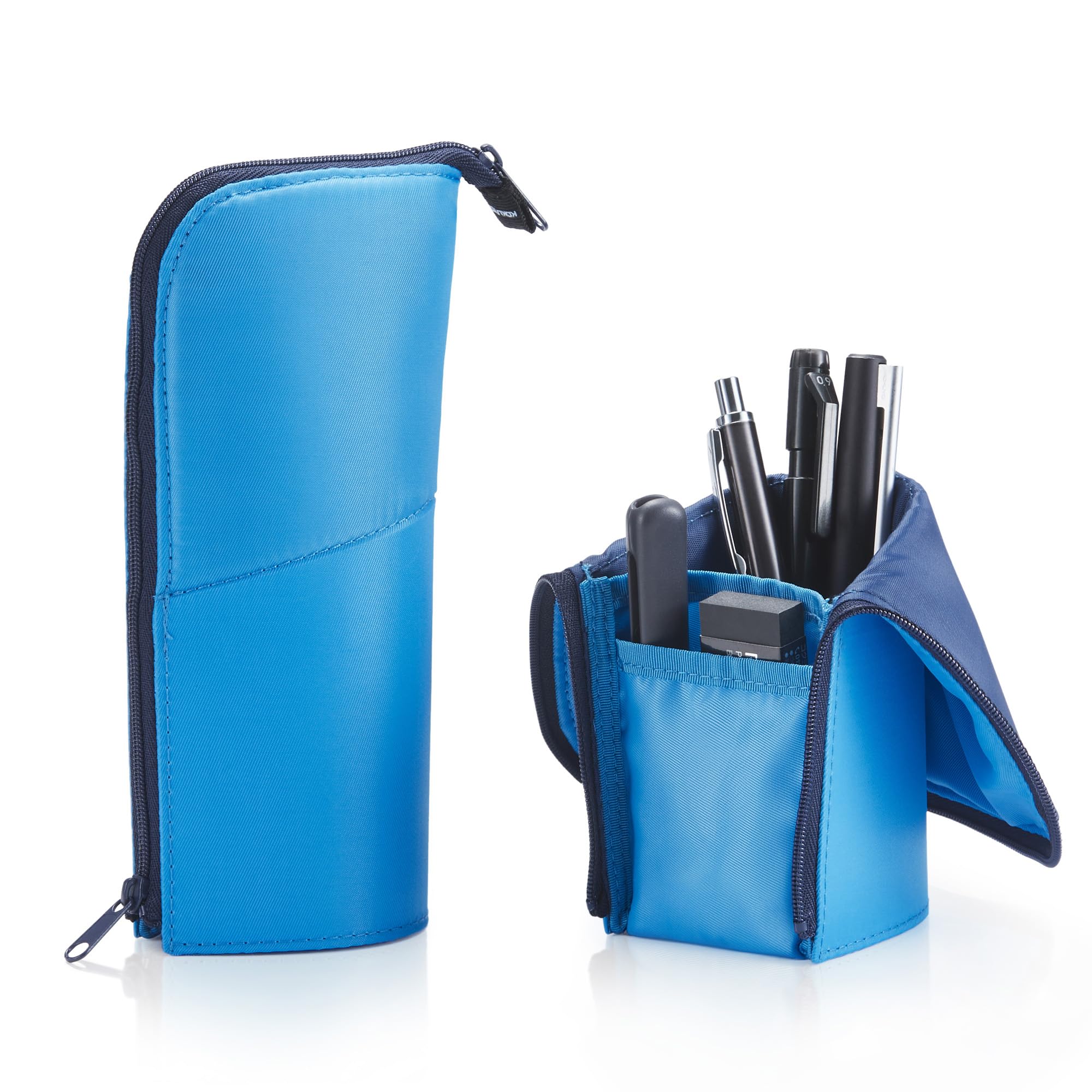 KOKUYO Pencil Case Pouch, Neo Critz Standing Pen Pouch Bag, Foldable Stand up Pencil Holder Organizer, Small Portable Pencil Box for School Office Supplies, Blue x Navy, Regular Size (F-VBF180-3)