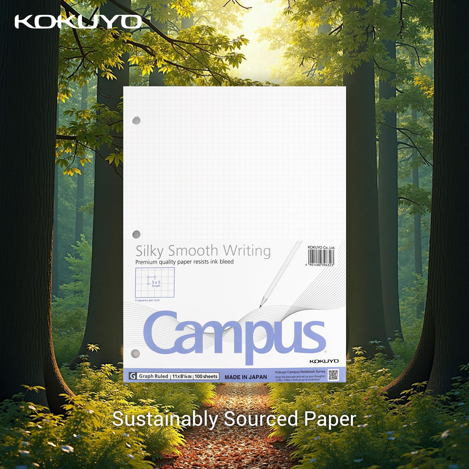 KOKUYO 5x5 Graph Paper, Loose Leaf Paper 8.25"x11", 100 Sheets, Smooth Writing Surface, Bleed Resistant Filler Paper for Math, Engineering, Art Projects. Japan Import (WSG-NO-887G2)