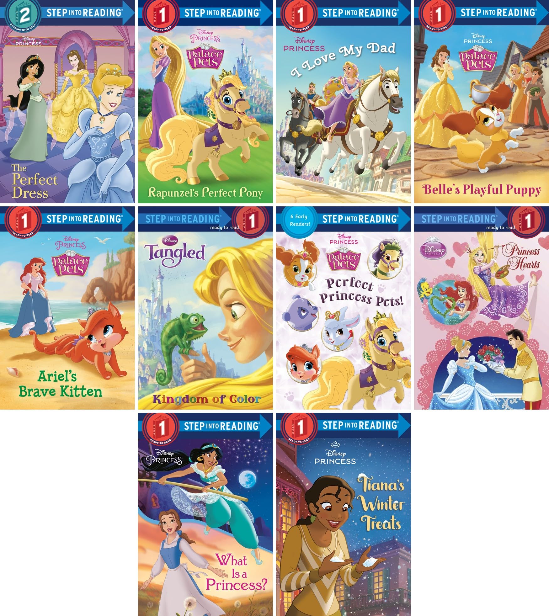 Step Into Reading Disney Princess 10 Book Set: The Perfect Dress, Rapunzel's Perfect Pony, I Love My Dad, Belle's Playful Puppy, Ariel's Brave Kitten, Tangled Kingdom of Color & More