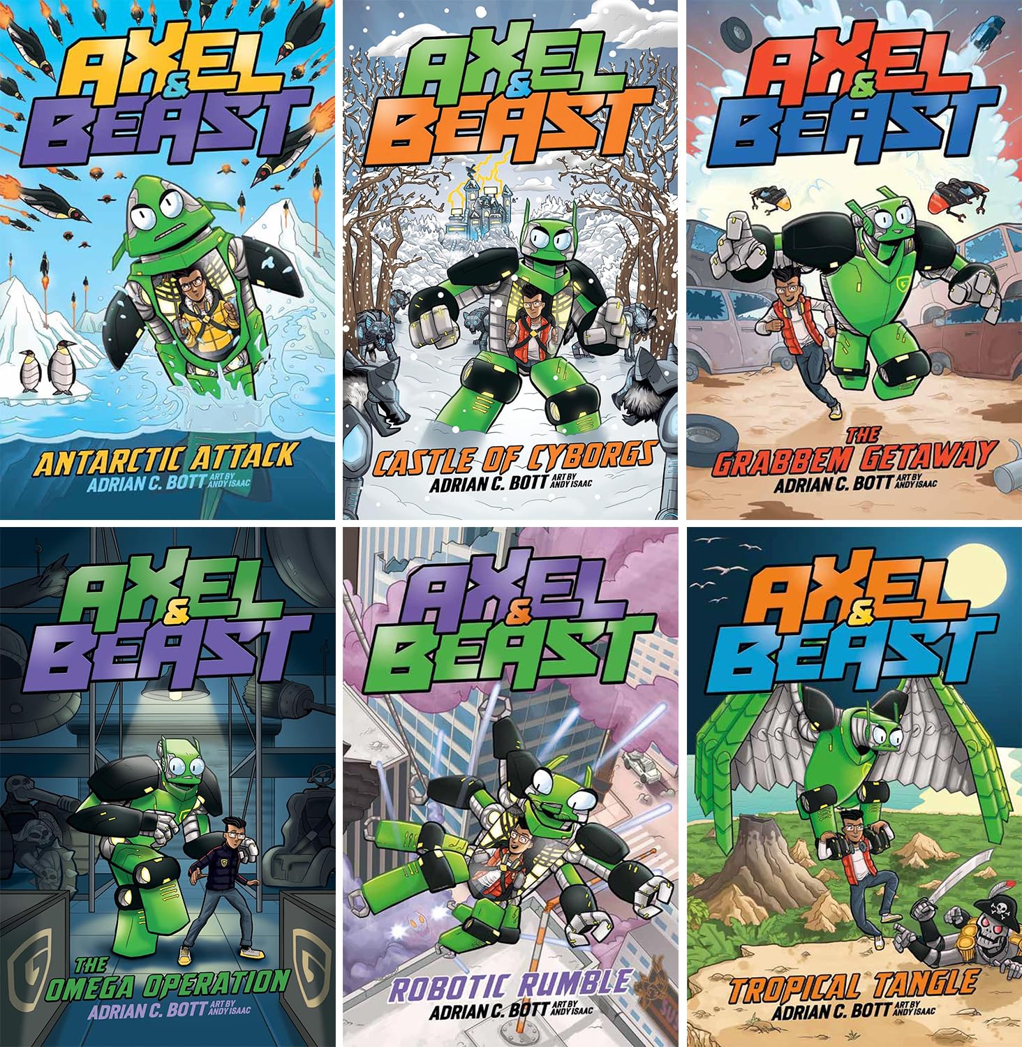 Axel & Beast Series 6 Books Set by Adrian C. Bott - Antarctic Attack, Castle of Cyborgs, The Grabbem Getaway, The Omega Operation, Robotic Rumble, Tropical Tangle