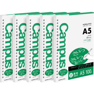 Kokuyo Campus Loose Leaf Paper for Binders, 5 Pack A5 Plain Filler Paper, Blank Sarasara Smooth Writing, 20 Holes, 100 Sheets/Pack, pH Neutral, Bleed Resistant, 75gsm, Japan Import (NO-807WEN)