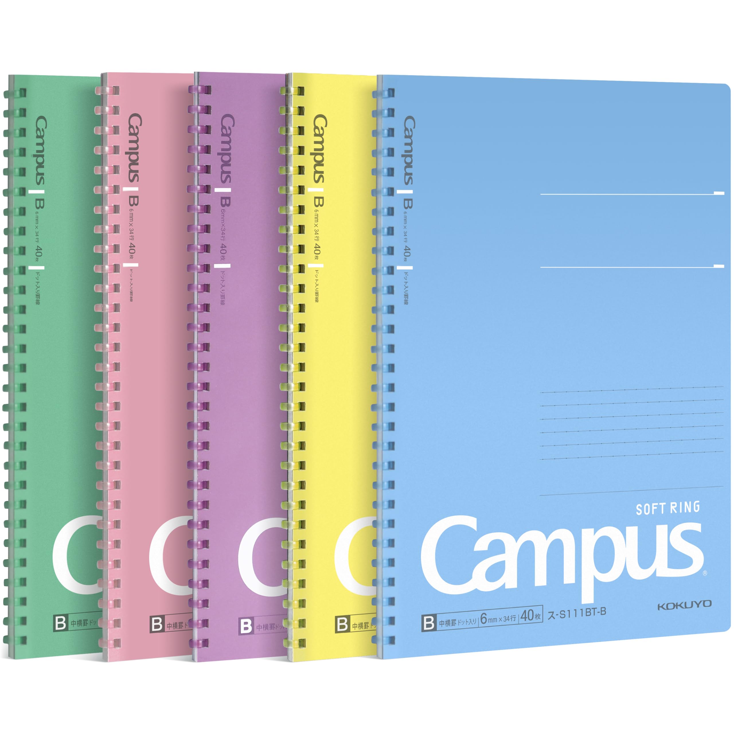 KOKUYO Spiral Lined Notebook, 5 Pack 10'' x 7'' Pastel Journal B5 Campus Soft Ring Notebooks with Dot 6 mm Ruled, 40 Sheets, 1 Subject Notebook, Note Taking for School. Japan Import (SU-S111BT)