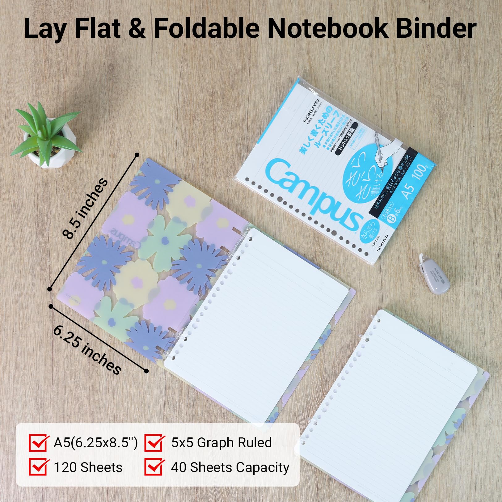 KOKUYO SOU SOU 2x2 Spiral Binder Notebook, A5 Refillable Binders with 100 Sheets 6mm Dot Ruled Loose leaf Paper. Pre-Packed 10 Sheets in 8mm Ruled, Notebooks for School & Work