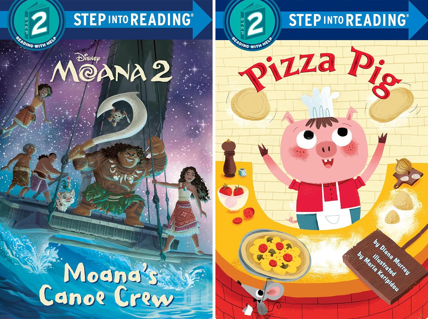 The Step into Reading level 2 Early Reader 9-Book Set – Changes for Riley, I Am Kind, Grumpy Monkey Get Your Grumps Out, Pizza Party! , Bones, Family Is Everything, Moana's Canoe Crew, Pizza Pig, Wild Sea Creatures