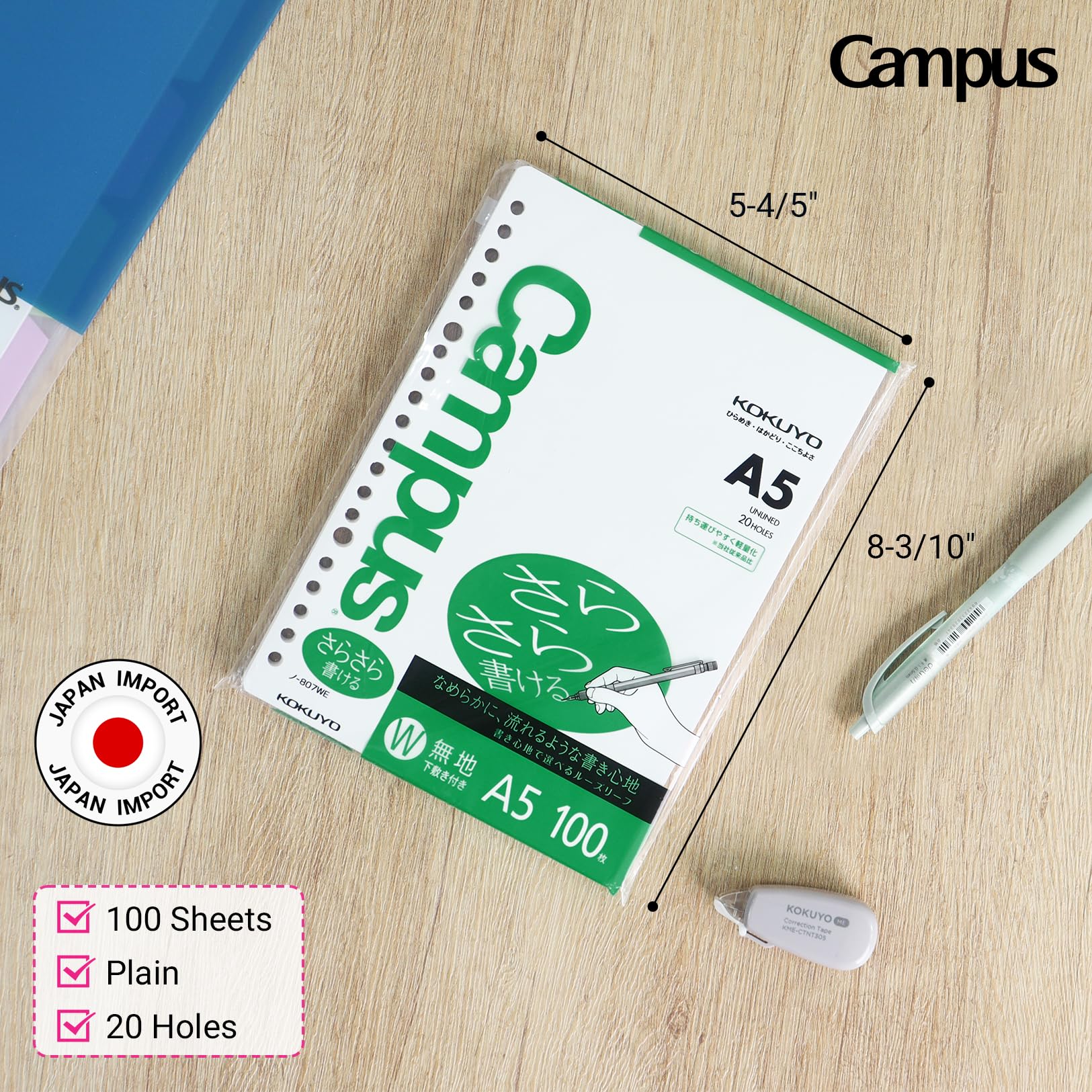 Kokuyo Campus Loose Leaf Paper for Binders, 5 Pack A5 Plain Filler Paper, Blank Sarasara Smooth Writing, 20 Holes, 100 Sheets/Pack, pH Neutral, Bleed Resistant, 75gsm, Japan Import (NO-807WEN)