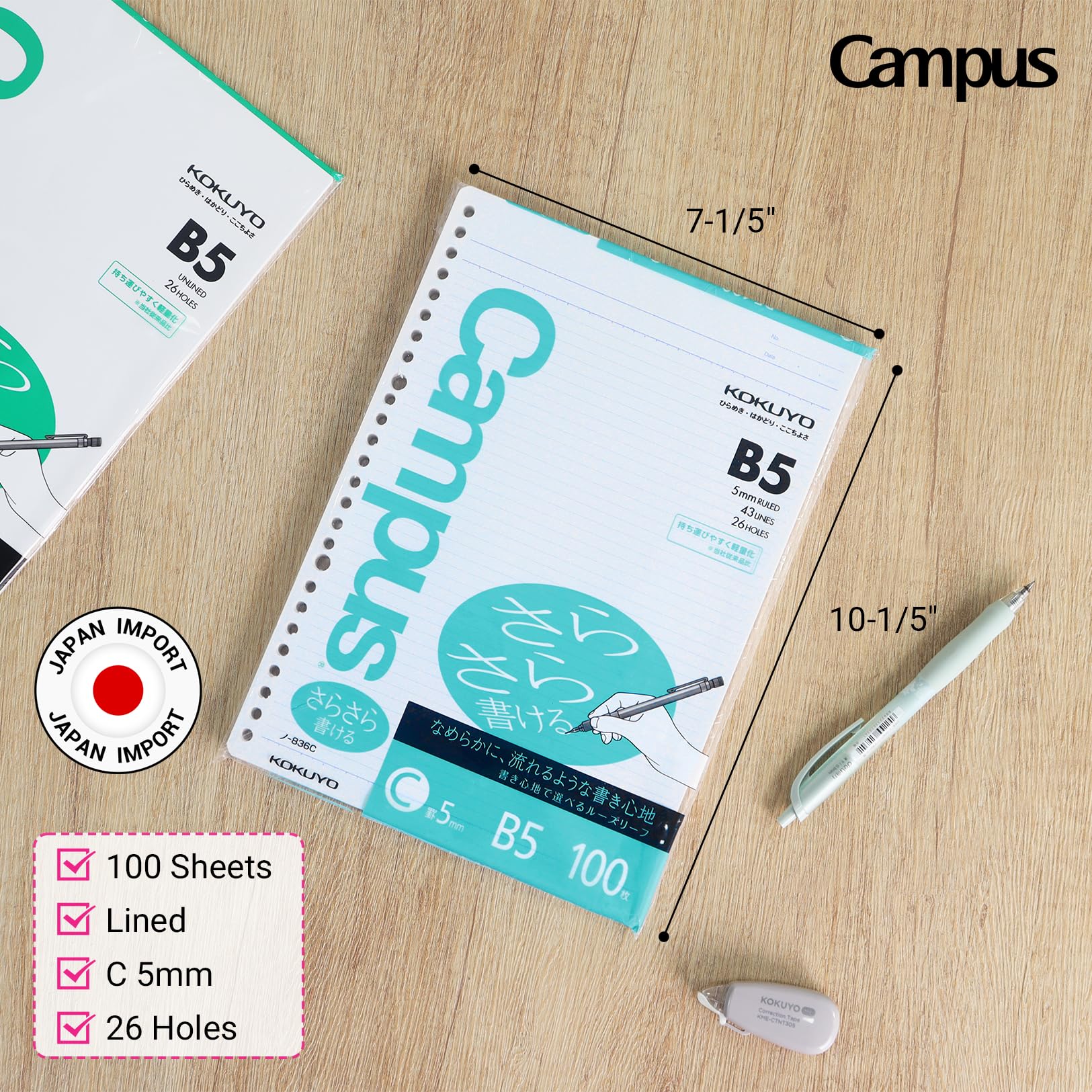 Kokuyo Campus Loose Leaf Paper, B5 Filler Paper with C 5mm Ruled, 100 Sheets 75 GSM Sarasara Smooth Writing, 26 Holes, 10-1/4"x7-1/4” Binder Notebook Bleed Resistant Paper. Japan Import (NO-836C)