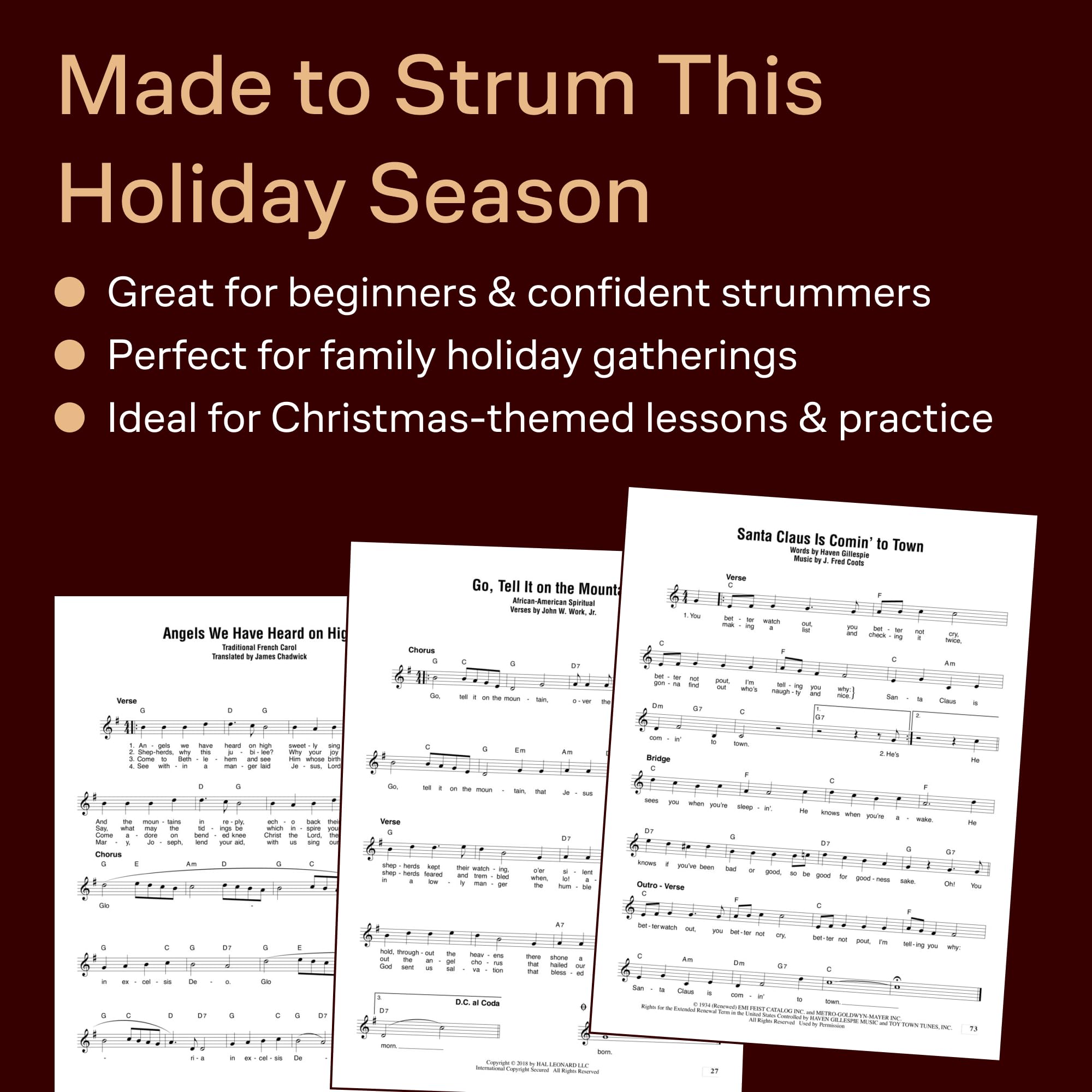 Christmas Songs - Strum Together: for Ukulele, Baritone Ukulele, Guitar, Banjo & Mandolin Sheet Music | Easy Melody Chord Lyrics Format for Group Holiday Playing | 40+ Popular Christmas Arrangements