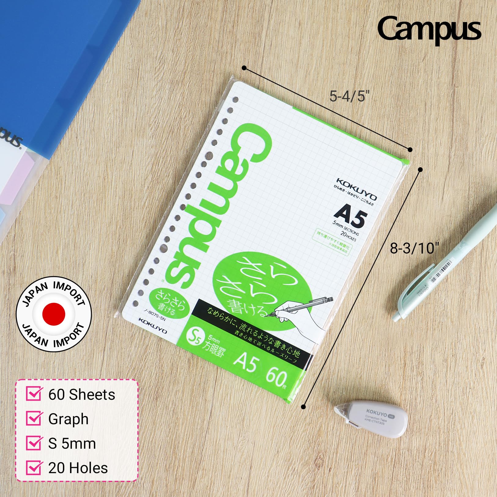 Kokuyo Campus Loose Leaf Paper, A5 Filler Paper with 5x5 Graph, 60 Sheets 75 GSM Sarasara Smooth Writing, 20 Holes, 8-1/4"x6” Binder Notebook Bleed Resistant Paper. Japan Import (NO-807S-5N)