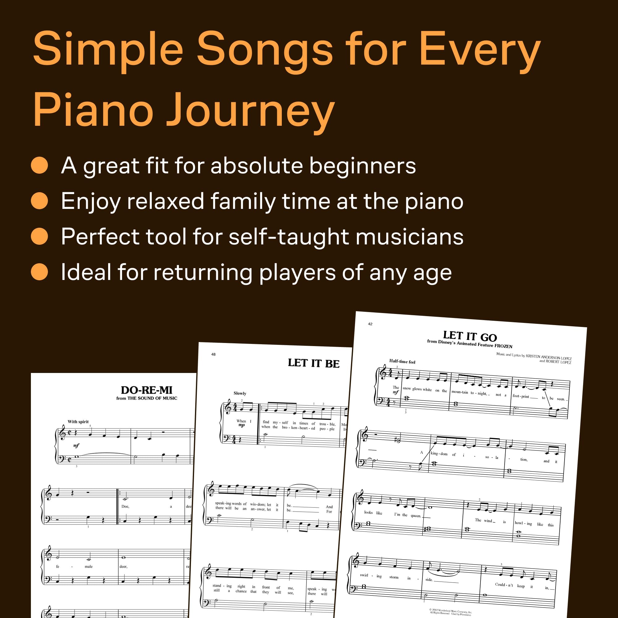 The Easiest Easy Piano Songs Simple Songs: 50 Fun and Popular Tunes for Beginners | Pop, Broadway, Jazz, Classical, Movie Themes | Piano Sheet Music Easy Arrangements with Lyrics
