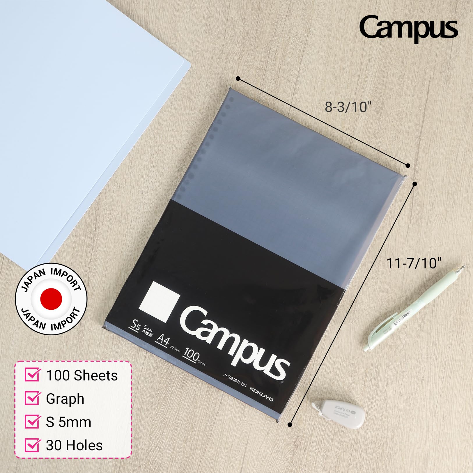 Kokuyo Campus Loose Leaf Paper for Binders, Business Type, Sarasara Smooth Writing, B5, 5mm Grid Ruled, 26 Holes, 120 Sheets, pH Neutral, Bleed Resistant, Japan Import (NO-G836S-5N)