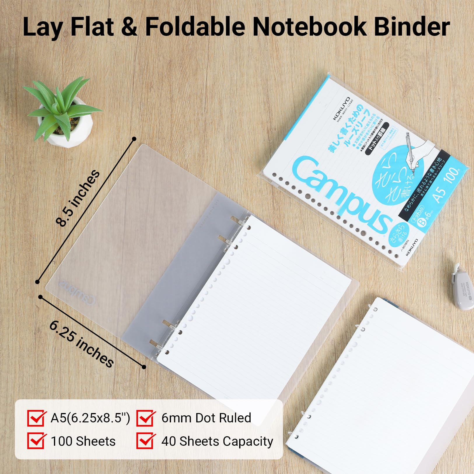 KOKUYO Campus 2x2 Spiral Binder Notebook Set, A5 Refillable Notebook + 100 Refill Papers with 6mm Dot Ruled, 40 Sheet Capacity, Gray, Perfect for Work, Study & Journal, Japan Import