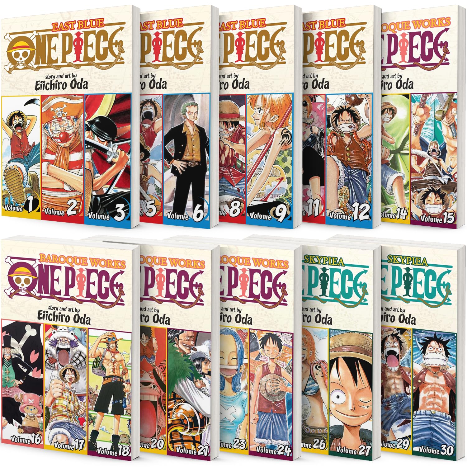 One Piece 3-in-1 Edition 10-book Manga Set 1-10: Vol. 1-30 by Eiichiro Oda