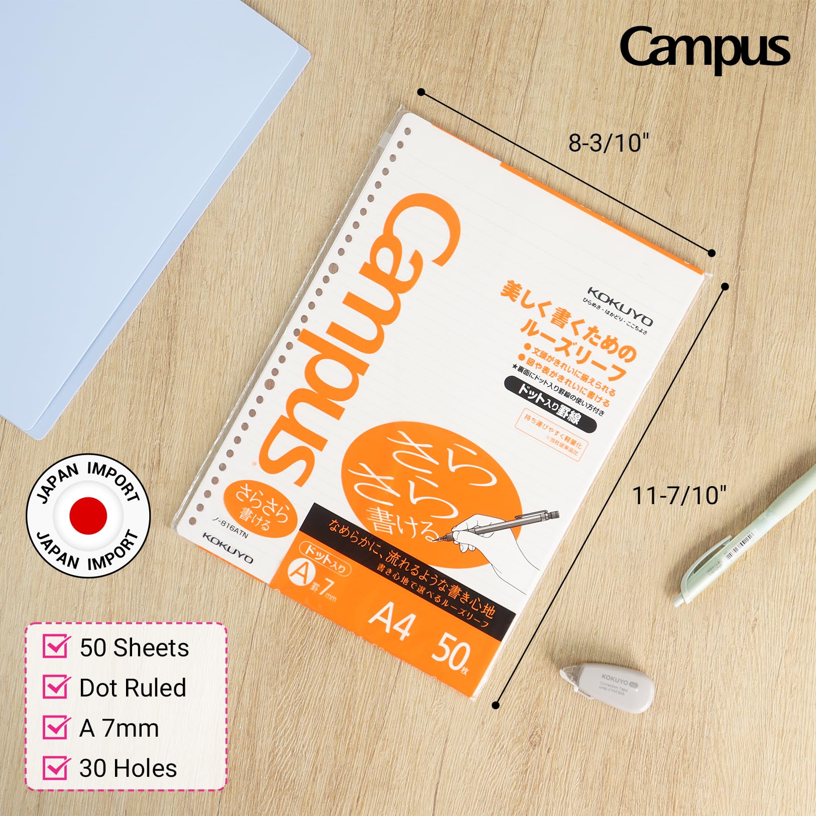 Kokuyo Campus Loose Leaf Paper for Binders, Sarasara Smooth Writing, A4, A 7mm Dotted Ruled, 30 Holes, 35 Lines, 50 Sheets, pH Neutral, Bleed Resistant, 75gsm, Pack of 5, Japan Import (NO-816ATN)