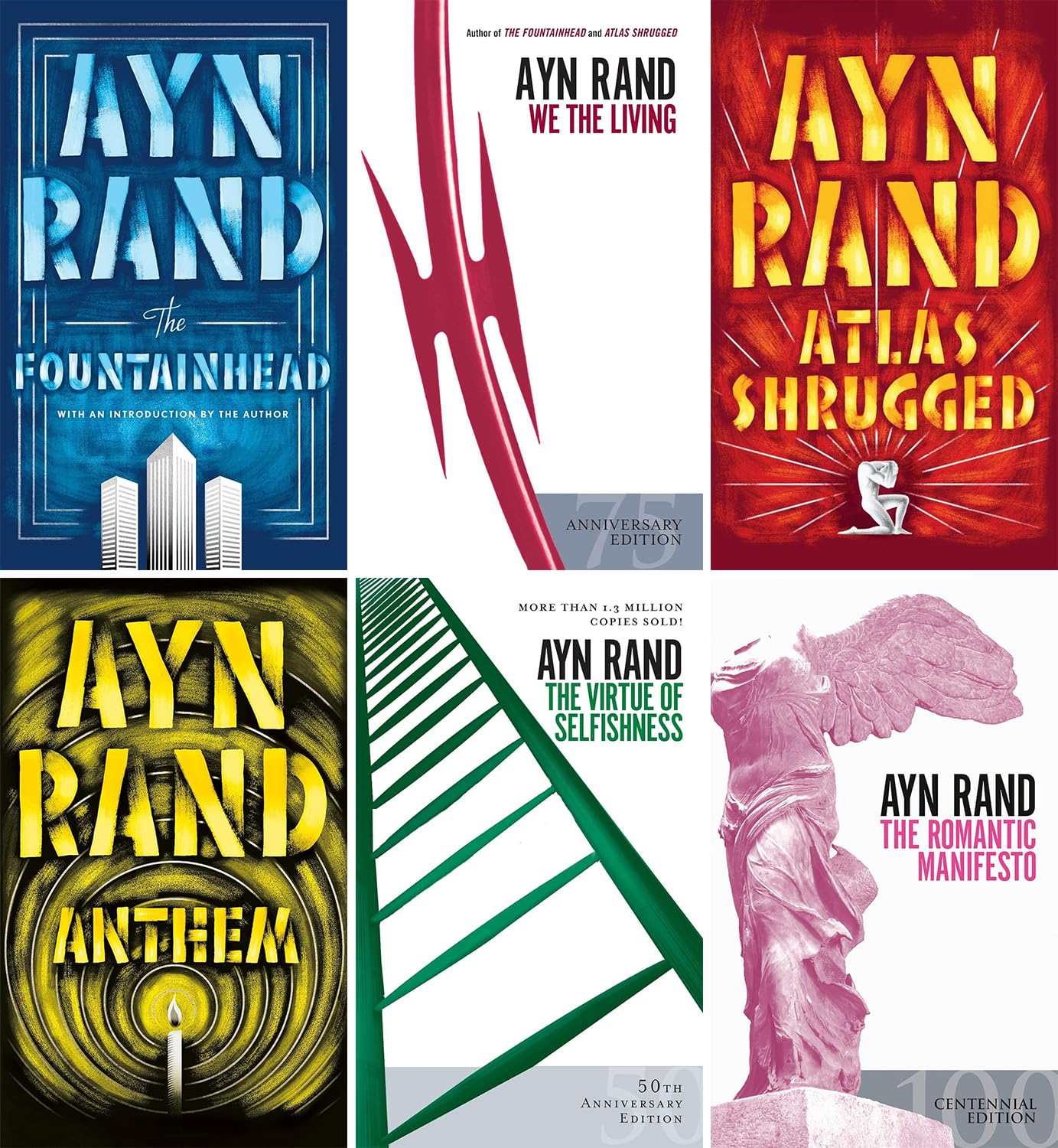 Ayn Rand Novel Collection Series, Set of 6 Book. the Fountainhead, We the Living, Atlas Shrugged, Anthem, the Virtue of Selfishness, the Romantic Manifesto by Ayn Rand