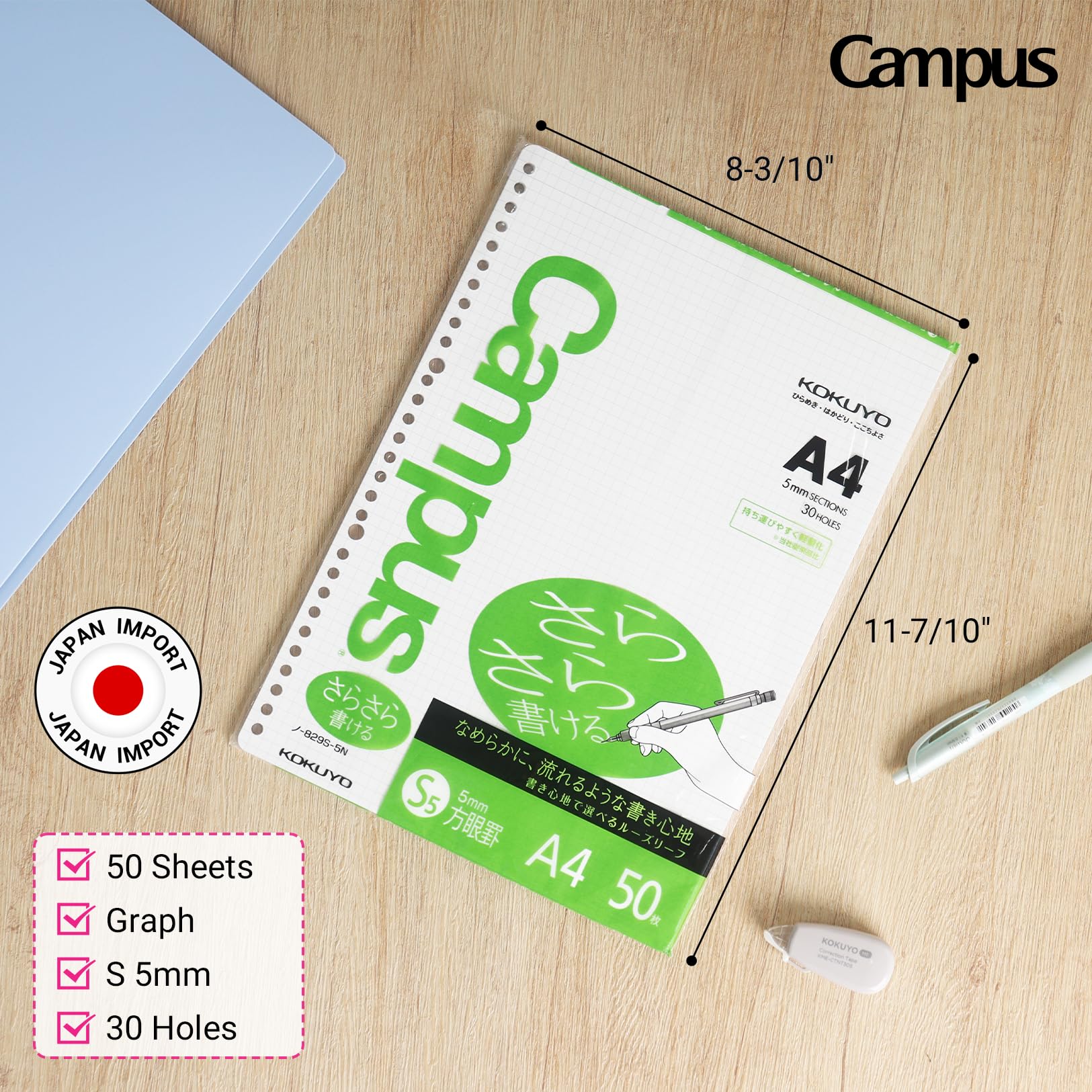 Kokuyo Campus Loose Leaf Paper, A4 Filler Paper with 5x5 Graph, 50 Sheets 75 GSM Sarasara Smooth Writing, 30 Holes, 11-3/4"x8-1/4” Binder Notebook Bleed Resistant Paper. Japan Import (NO-829S-5N)