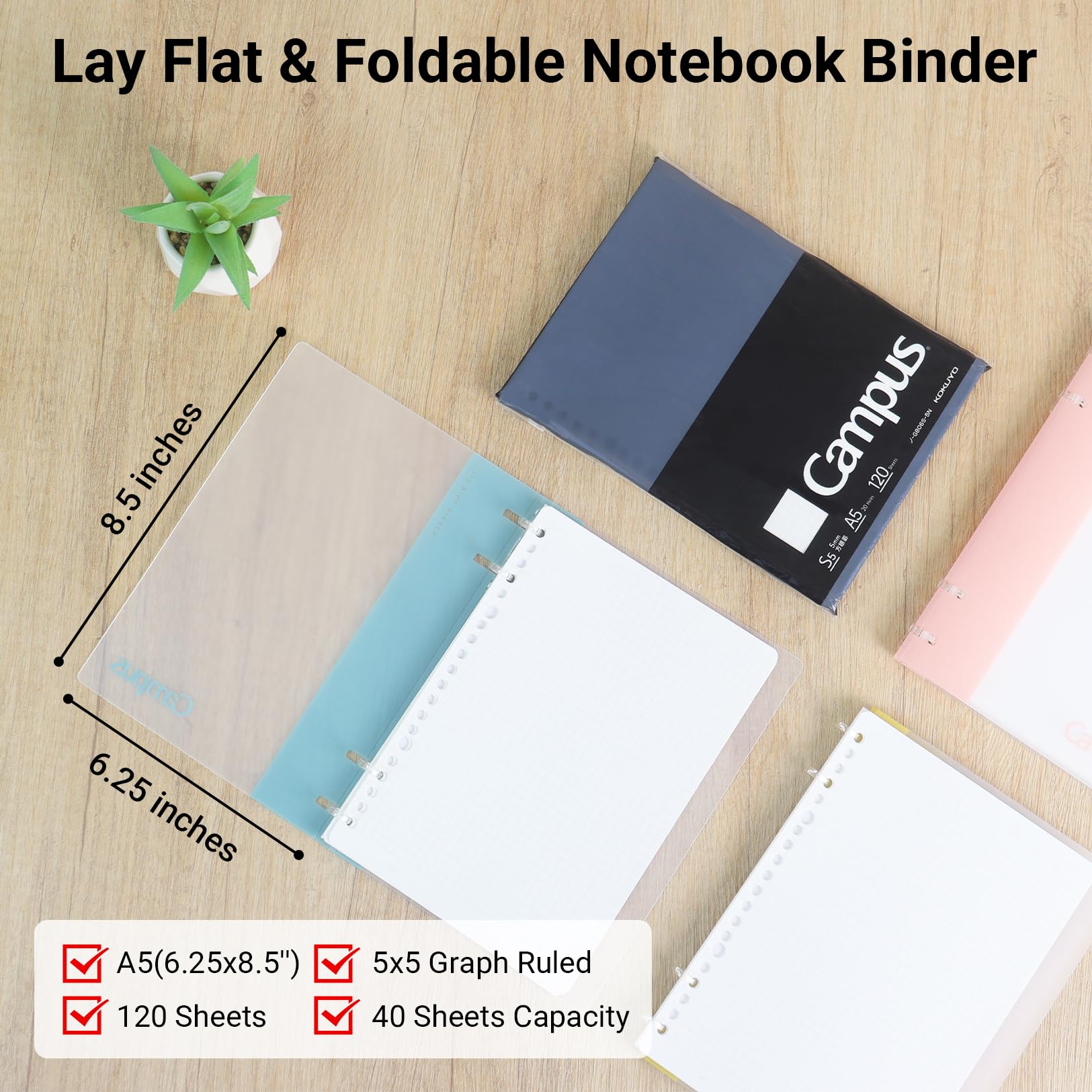 KOKUYO 2x2 Spiral Binder Notebooks, 3 Pack A5 Refillable Notebook with Loose leaf Paper + 120 Refill Papers with 5x5 Graph Ruled, 40 Sheets Capacity, Light Color Notebook for School, Work, Note Taking
