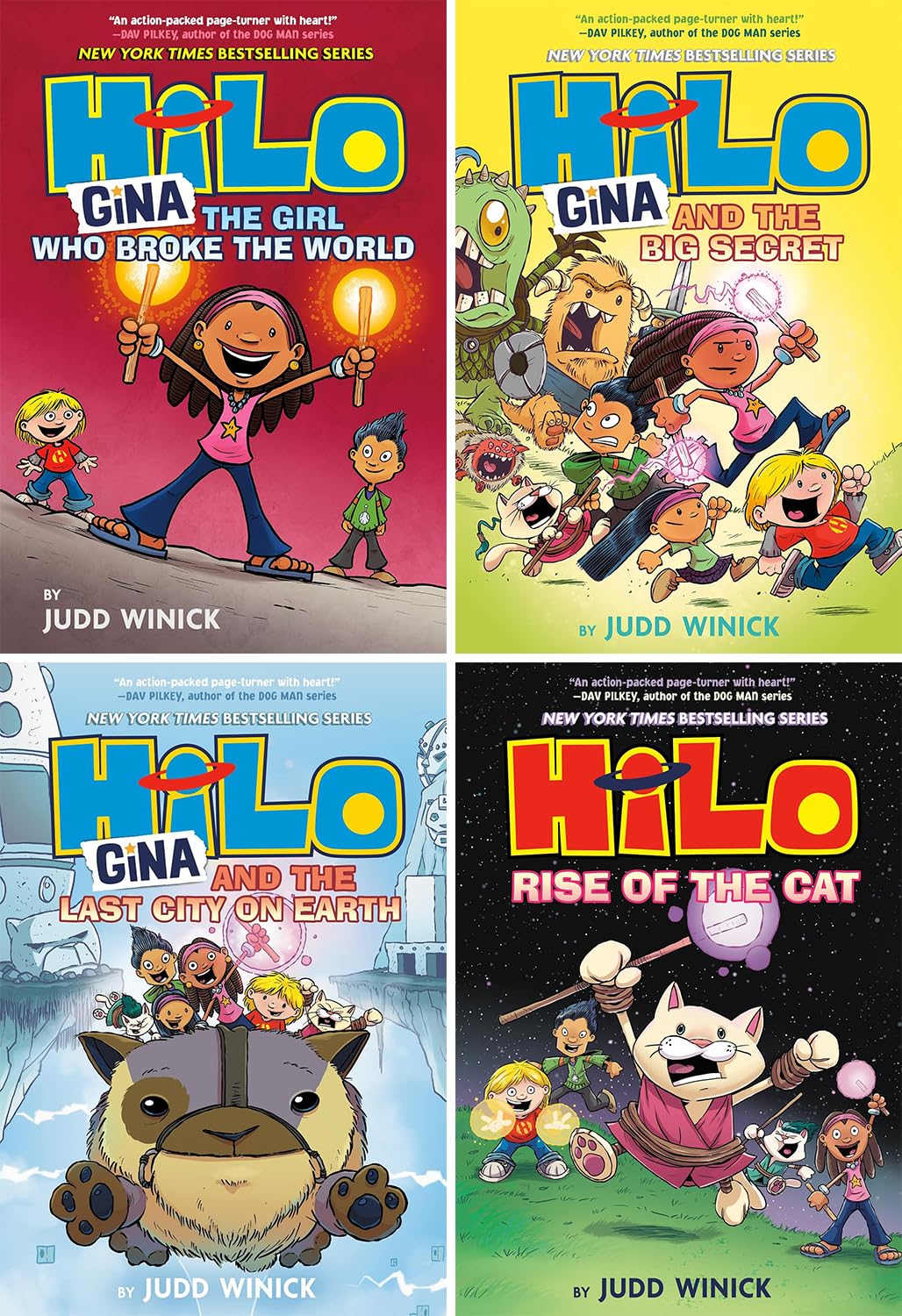 Hilo Series 4 Books Set Volume 7-10 by Judd Winick (Gina--The Girl Who Broke the World, Gina and the Big Secret, Gina and the Last City on Earth, Rise of the Cat)
