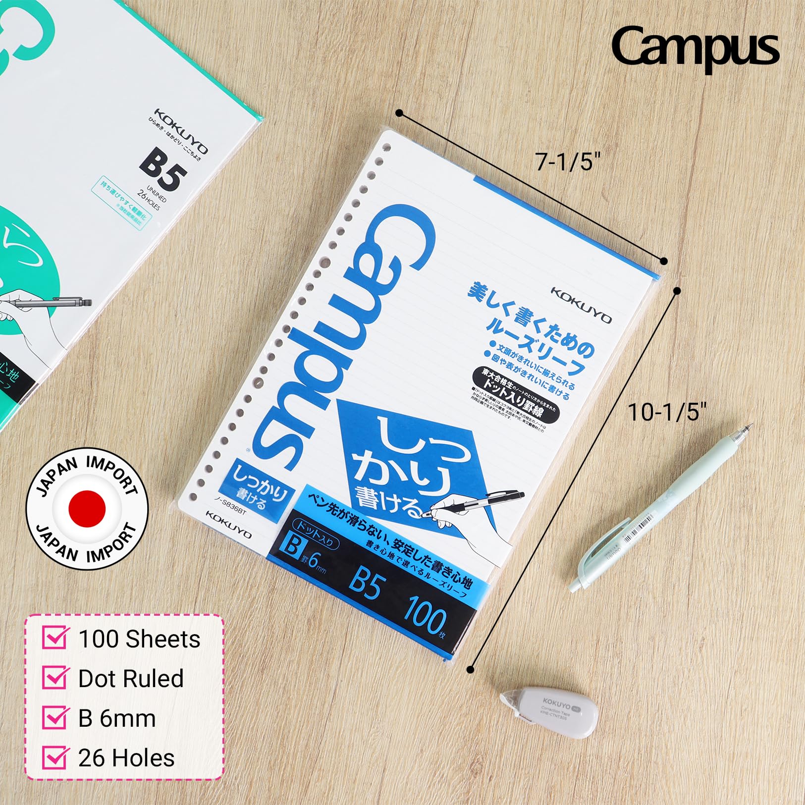 Kokuyo Campus Loose Leaf Paper for Binders, Shikkari Firm Writing, B5, B 6mm Dotted Ruled, 26 Holes, 36 Lines, 100 Sheets, pH Neutral, Bleed Resistant, 77gsm, Pack of 5, Japan Import (NO-S836BT)
