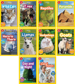 National Geographic Kids Readers Level 1 Series, Collection Set of 10 Books. Wild Cats, T. Rex, Reptiles, Pyramids, Here to There, Llamas, Hedgehogs, Goats, Day and Night, Animal Doctors