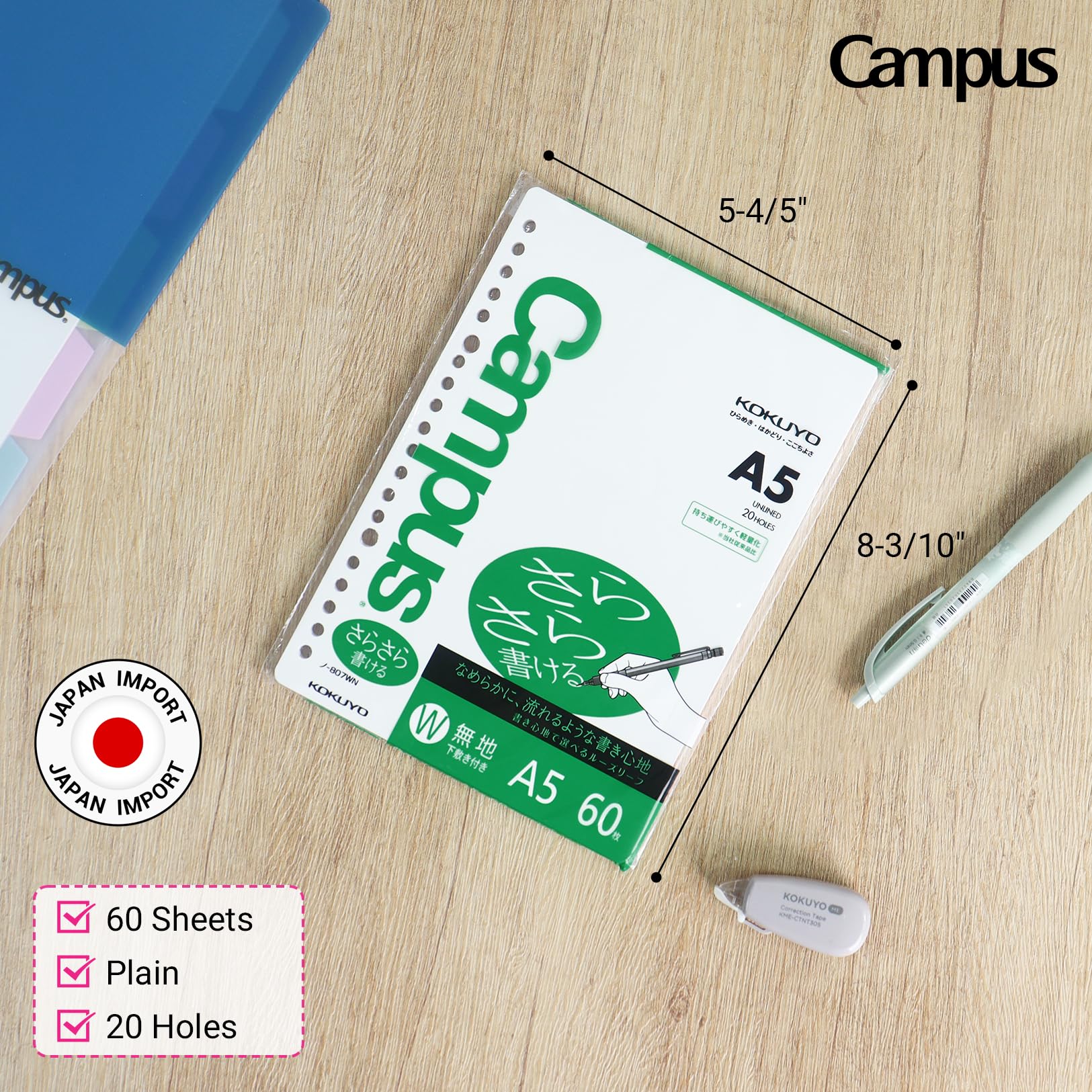 Kokuyo Campus Loose Leaf Paper, A5 Plain Filler Paper, 60 Sheets 75 GSM Sarasara Smooth Writing, 20 Holes, 8-1/4"x6” Binder Notebook Bleed Resistant Paper. Japan Import (NO-807WN)