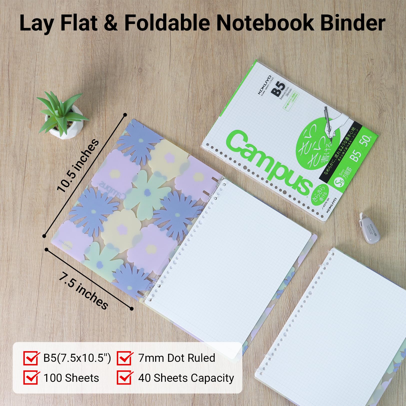 KOKUYO SOU SOU 2x2 Spiral Binder Notebook, B5 Refillable Binders with 50 Sheets 5x5 Graph Loose leaf Paper. Pre-Packed 10 Sheets in 8mm Ruled, Notebooks for School & Work
