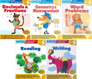 Kumon Workbooks Grade 5 Complete Set (5 Books) - Decimals&Fractions, Geometry&Measurement, Word Problems, Reading and Writing
