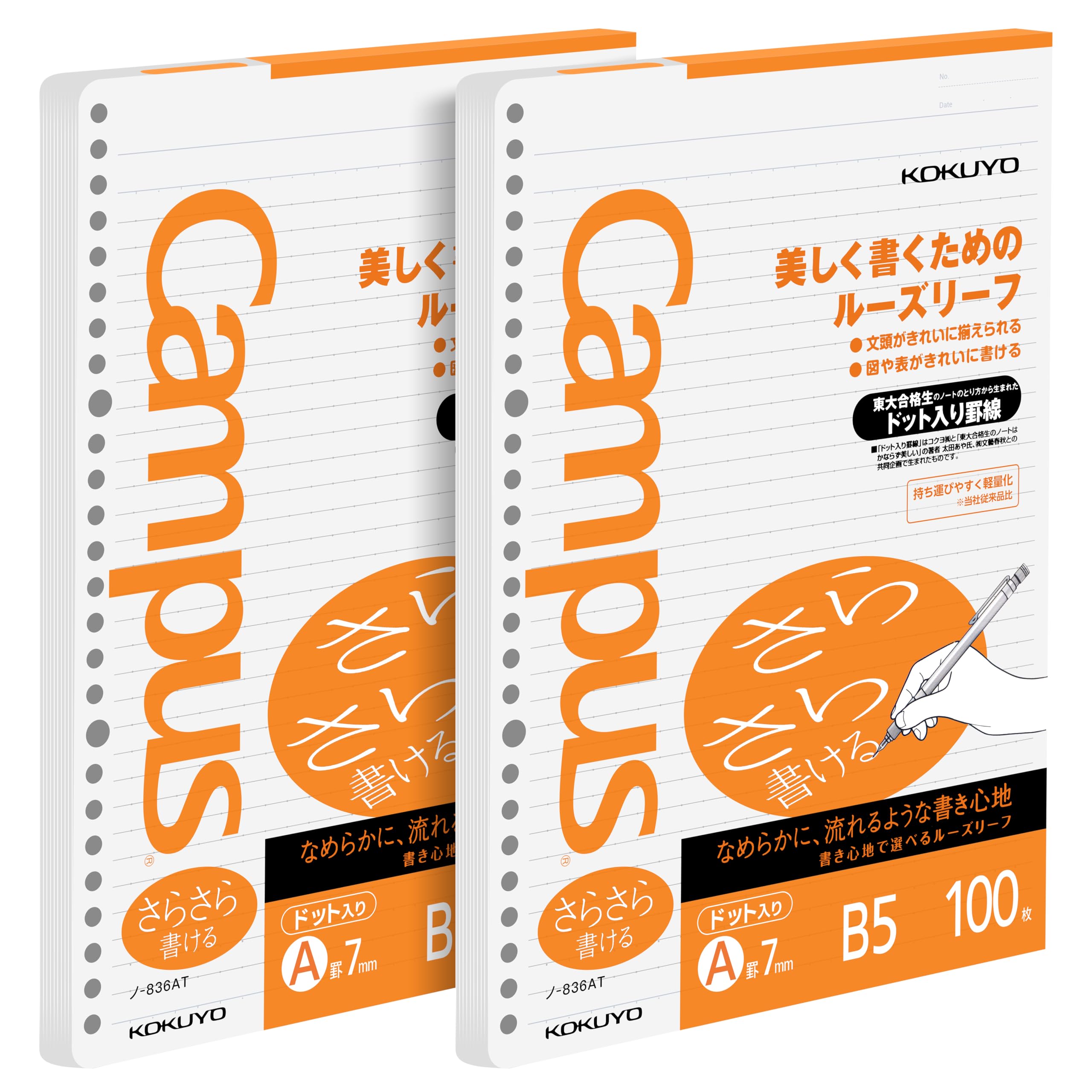 Kokuyo Campus Loose Leaf Paper for Binders, Sarasara Smooth Writing, B5, A 7mm Dotted Ruled, 26 Holes, 31 Lines, 100 Sheets, pH Neutral, Bleed Resistant, 75gsm, Pack of 2, Japan Import (NO-836ATN)
