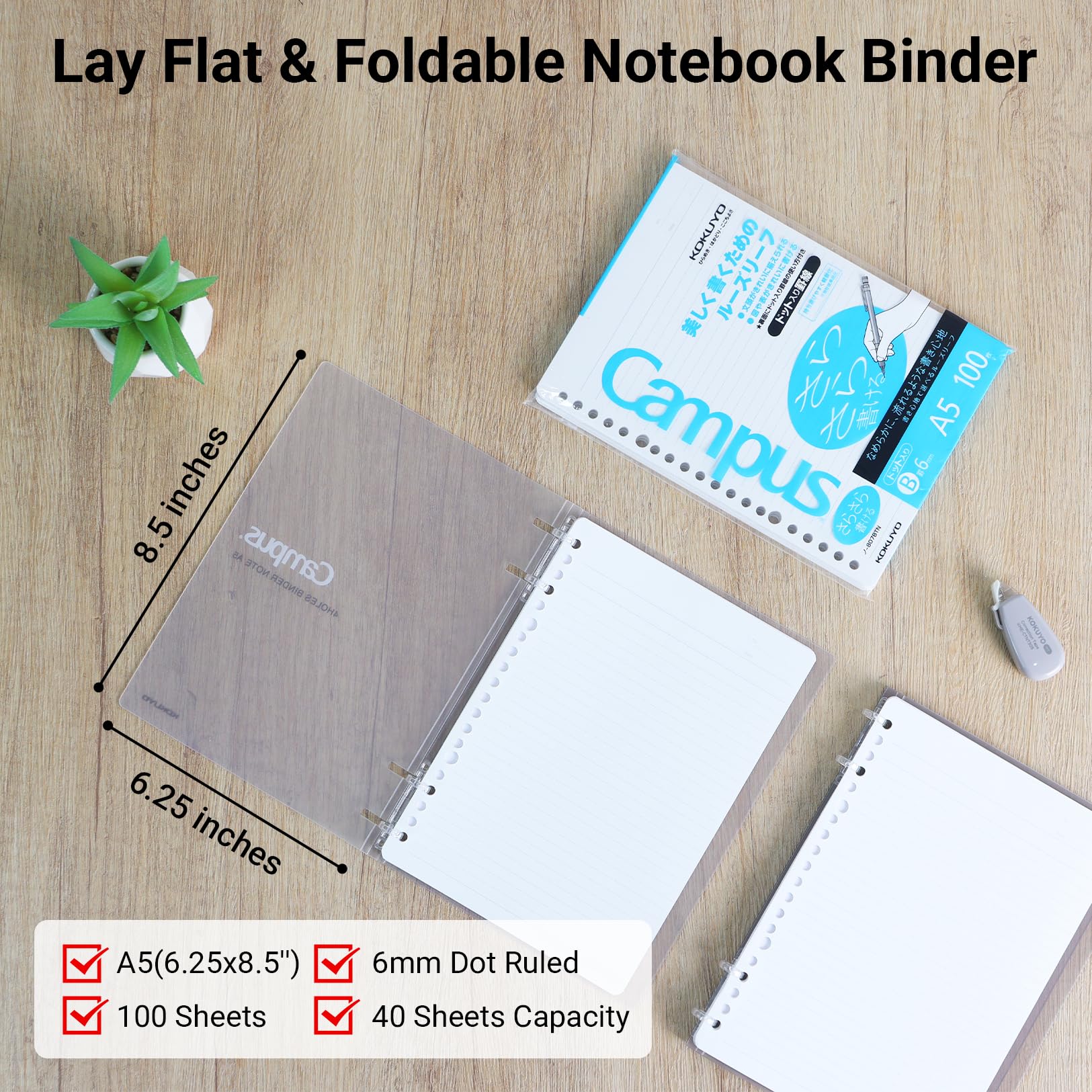 KOKUYO Campus 2x2 Spiral Binder Notebook, A5 Refillable Binders + 100 Refill Papers with 6mm Dot Ruled, 40 Sheet Capacity, Gray Lined Notebook for School, Work, Note Taking