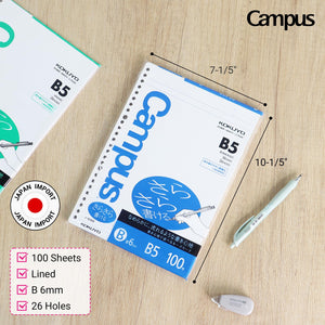 Kokuyo Campus Loose Leaf Paper, B5 Filler Paper with B 6mm Ruled, 100 Sheets 75 GSM Sarasara Smooth Writing, 26 Holes, 10-1/4"x7-1/4” Binder Notebook Bleed Resistant Paper. Japan Import (NO-836BN)