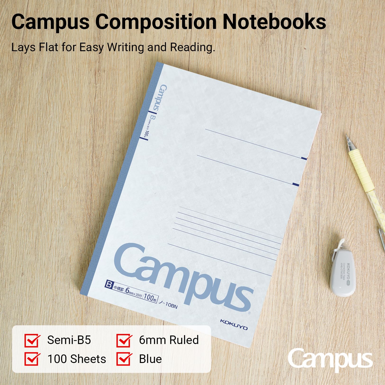 KOKUYO Campus Composition Notebook, 1 Pack B5 Lined Notebooks with 100 Sheets 6mm Ruled Paper, 7 x 10 inch Notebook for School and Work, School Supplies Comp Book for Journal Diary, Japan Import