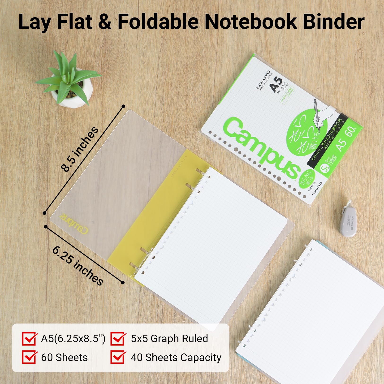 KOKUYO Campus 2x2 Spiral Binder Notebook Set, A5 Refillable Notebook + 60 Refill Papers with 5x5 Graph Ruled, 40 Sheet Capacity, Yellow, Perfect for Work, Study & Journal, Japan Import