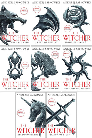The Witcher Saga 8 - Book Collector's Edition by Andrzej Sapkowski. The Last Wish, Sword of Destiny, Blood of Elves, The Time of Contempt, Baptism of Fire, The Tower of Swallows, The Lady of the Lake, Season of Storms