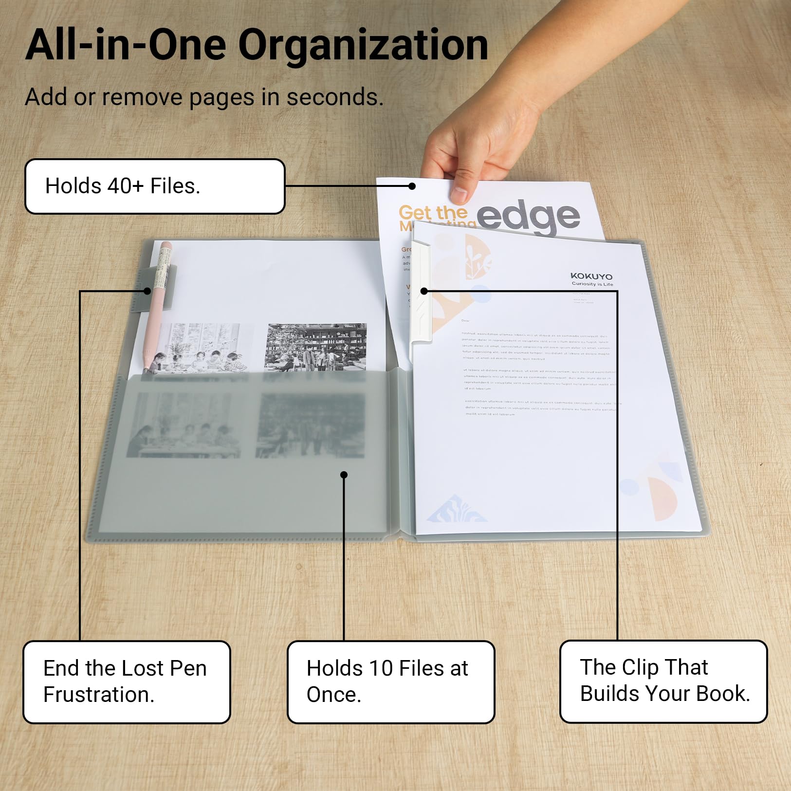 Kokuyo Portfolio Folder with Pockets Folder for Paper Organization,Heavy Duty Pocket Fits US Letter & A4，Flip & Write Surface,Dual-Purpose Clip & Pocket Design(FU-CEH755Y)