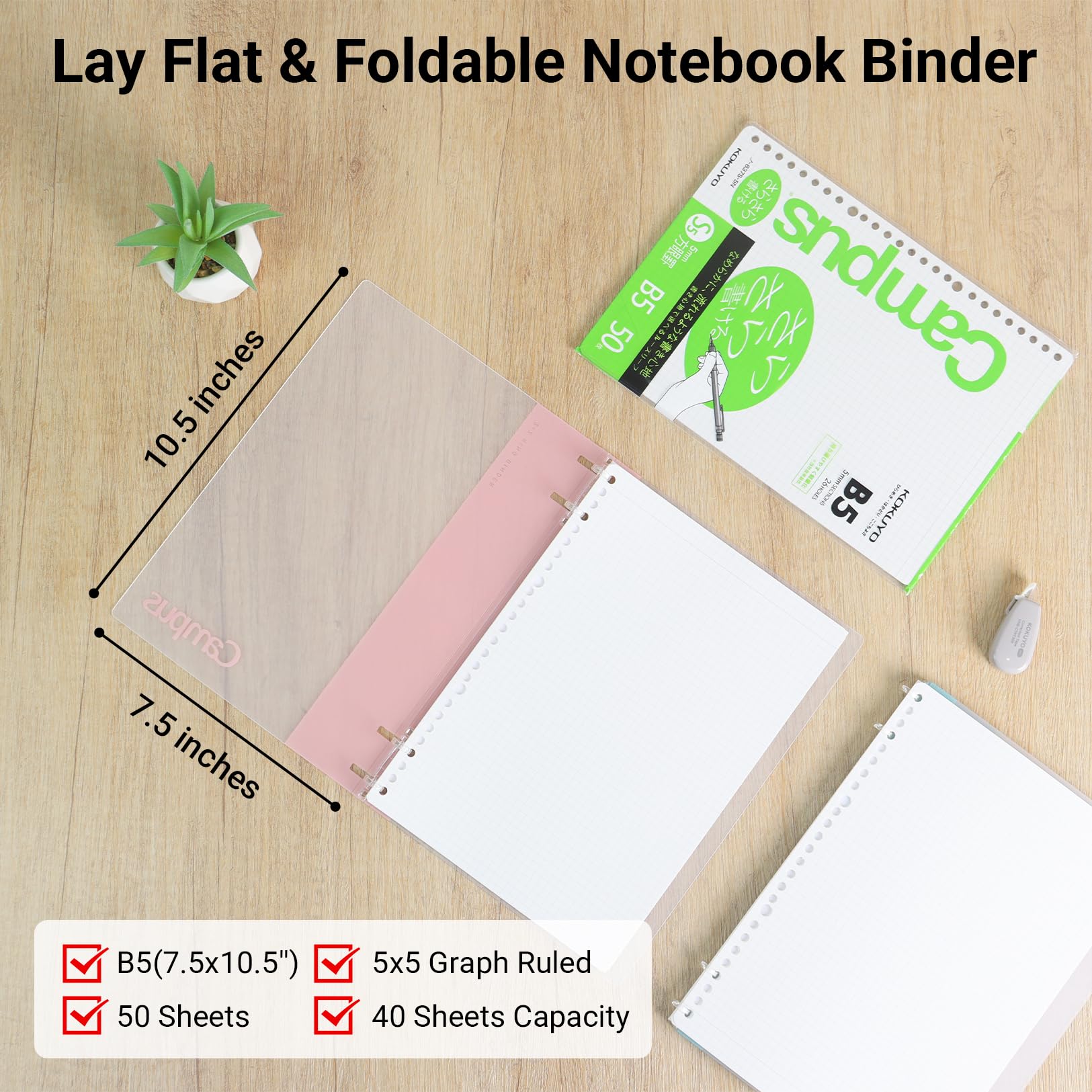 KOKUYO Campus 2x2 Spiral Binder Notebook Set, B5 Refillable Notebook + 50 Refill Papers with 5x5 Graph Ruled, 40 Sheet Capacity, Pink, Perfect for Work, Study & Journal, Japan Import