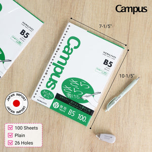 Kokuyo Campus Loose Leaf Paper, B5 Plain Filler Paper, 100 Sheets 75 GSM Sarasara Smooth Writing, 26 Holes, 10-1/4"x7-1/4” Binder Notebook Bleed Resistant Paper. Japan Import (NO-837WE)