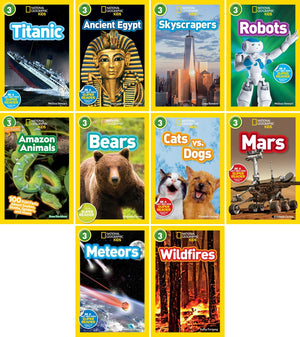 National Geographic Kids Readers Series (Level 3) 10 Books Collection Set (Robots, Titanic, Skyscrapers, Amazon Animals, Wildfires, Meteors, Mars, Cats vs Dogs, Bears, Ancient Egypt)