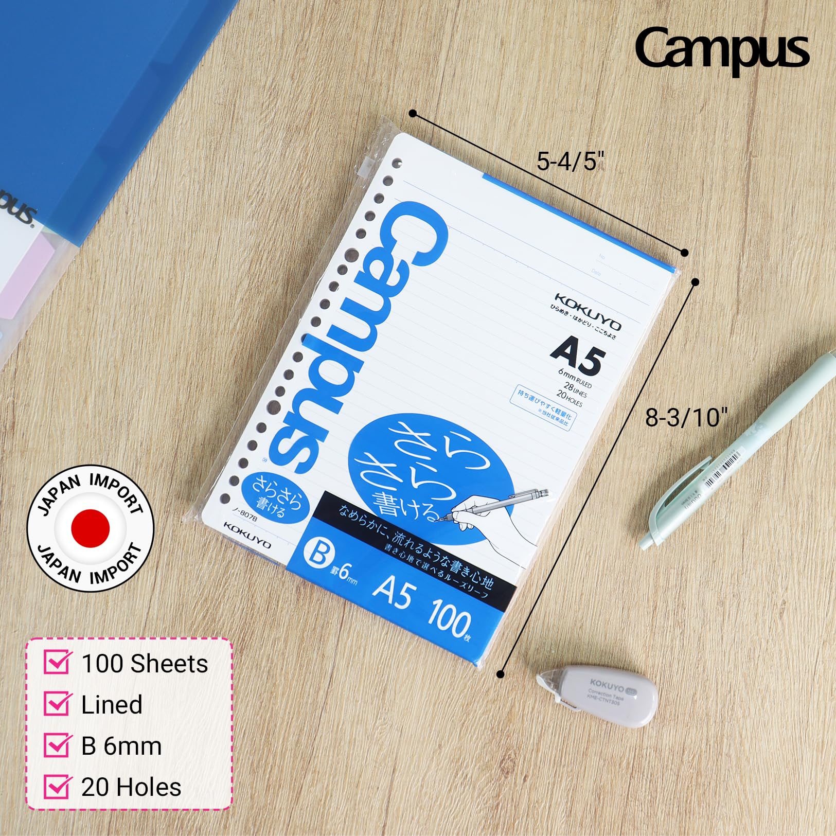 Kokuyo Campus Loose Leaf Paper, A5 Filler Paper with B 6mm Ruled, 100 Sheets 75 GSM Sarasara Smooth Writing, 20 Holes, 8-1/4"x6” Binder Notebook Bleed Resistant Paper. Japan Import (NO-807B)