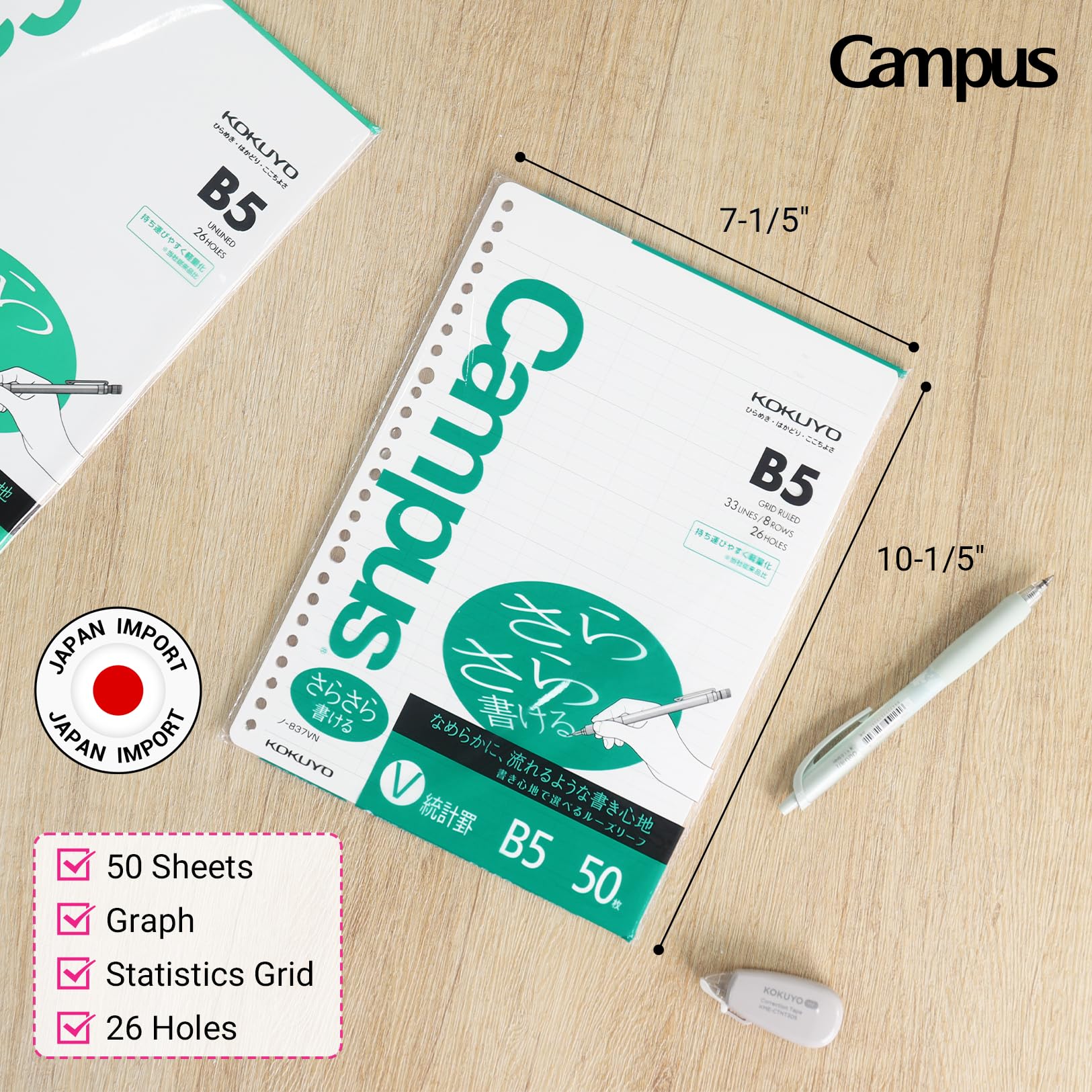 Kokuyo Campus Loose Leaf Paper, B5 Filler Paper with Statistics Graph, 50 Sheets 75 GSM Sarasara Smooth Writing, 26 Holes, 10-1/4"x7-1/4” Binder Notebook Bleed Resistant Paper. Japan Import (NO-837VN)
