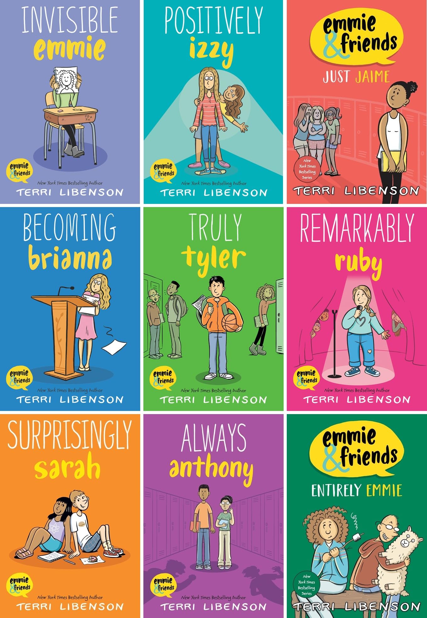 Emmie & Friends Graphic Novel Series 9 Books Collection Set by Terri Libenson – Invisible Emmie, Positively Izzy, Just Jaime, Becoming Brianna, Truly ... Sarah, Always Anthony & Entirely Emmie