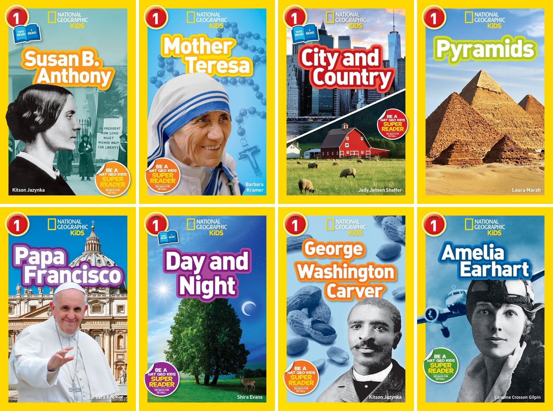 National Geographic Kids Readers 8 Book Set Level 1: Susan B. Anthony, Mother Teresa, City and Country, Pyramids, Papa Francisco, Day and Night, George Washington Carver, Amelia Earhart
